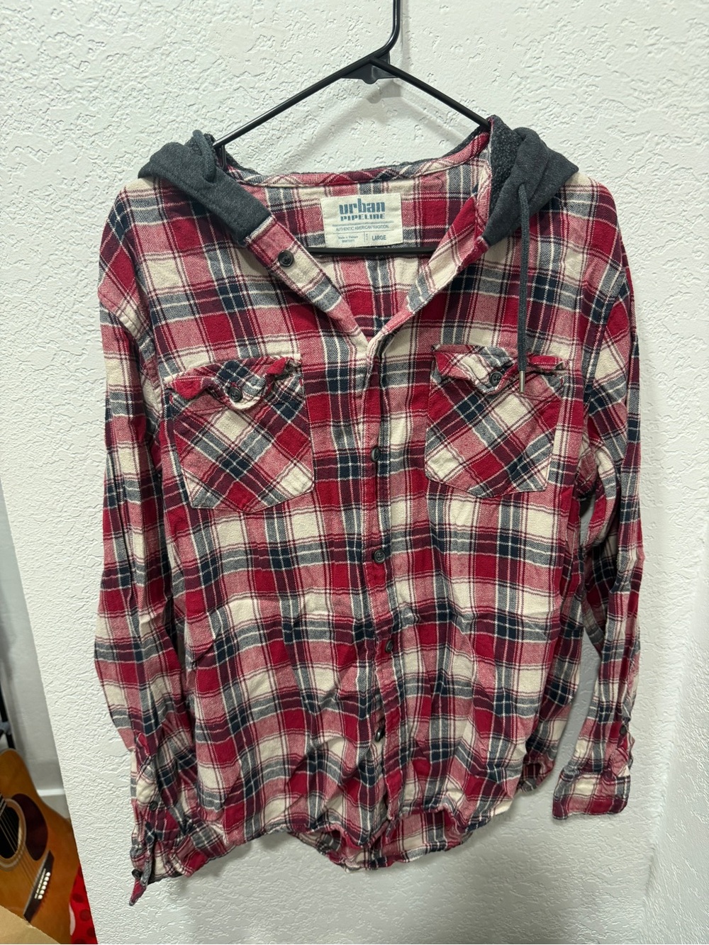 urban pipeline Red and Black Plaid Hooded Flannel Shirt